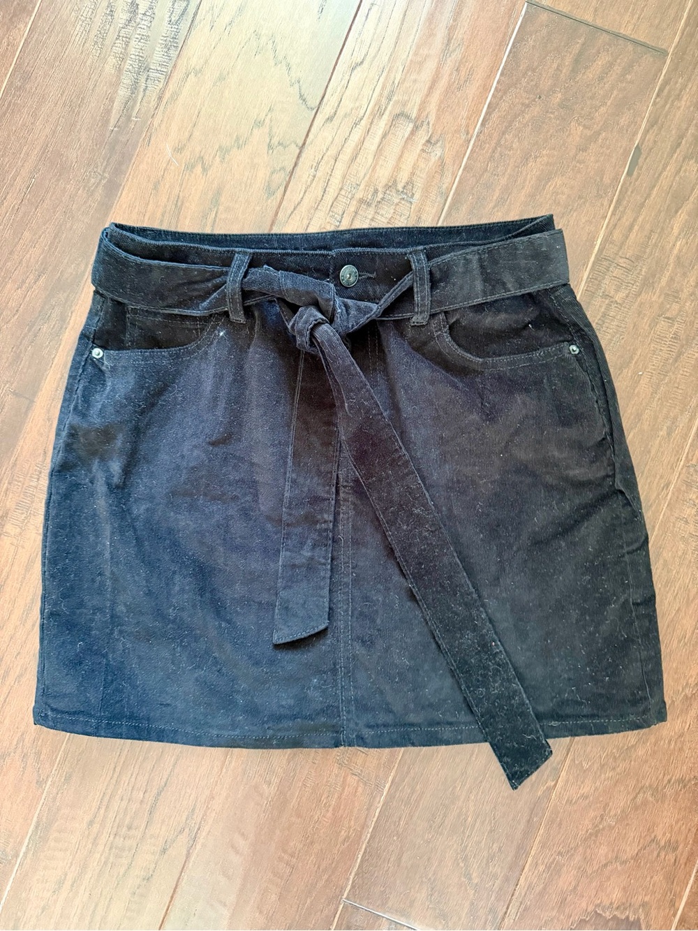 Vanilla Star Black Corduroy Tie-Waist Mini Skirt